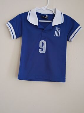 Blue Kids Shirt with White Contrast Collar and Number 9
